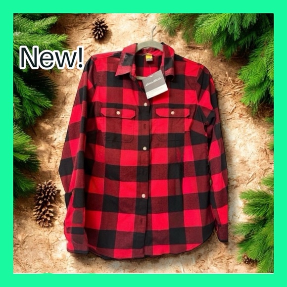 NEW 🌸 Eddie Bauer Flannel Button-Down Plaid, Red & Black Plaid, Petite Cabincore - Picture 1 of 12